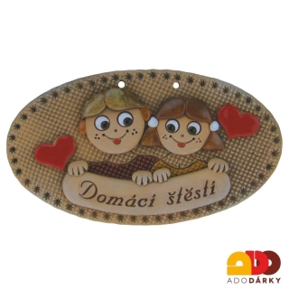 Ovál s klukem a holkou "Domácí štěstí" se srdíčky 20 cm