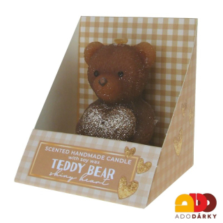 Svíčka medvídek tmavě hnědý se srdcem v krabičcce 7,5 x 7 x 8,5 cm