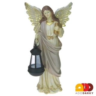 Béžový anděl se zlatými křídly, knihou a solární lucernou 45 cm