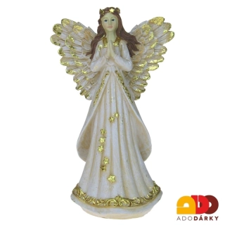 Béžový anděl se zlatými křídly modlící se 29,5 cm