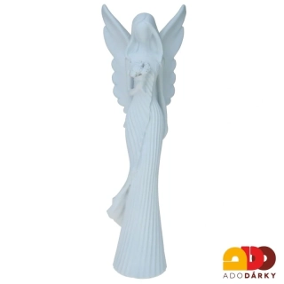 Anděl bílý s kyticí květů ve vroubkovaných šatech 41,5 cm