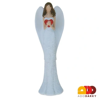 Anděl ve vzdušných bílých šatech se srdcem na hrudi 19,5 cm