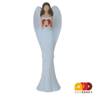 Anděl ve vzdušných bílých šatech se srdcem na hrudi 25 cm