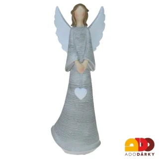 Anděl šedý se špičatými křídly s visícím srdcem 21 cm