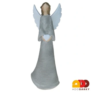 Anděl šedý se špičatými křídly se srdcem na hrudi 26 cm