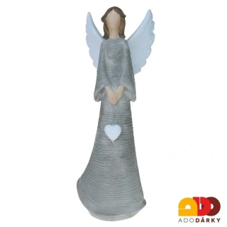 Anděl šedý se špičatými křídly s visícím srdcem 26 cm