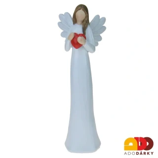 Anděl v bílých šatech s velkým červeným srdcem na hrudi 29 cm