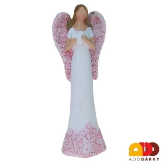 Anděl s růžovými křídly s bílým srdcem v rukou 15,5 cm