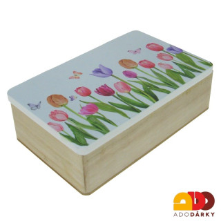 Dřevěná krabice s tulipány 16 x 10 x 5 cm