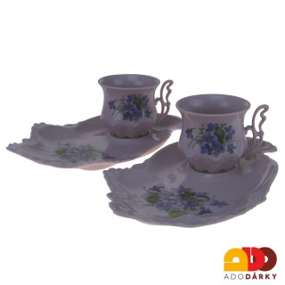 Snídaňová sada 2 hrnků s podšálkem růžový porcelán fialky 120 ml