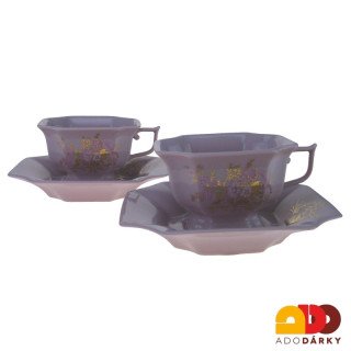 Sada čajových šálků s podšálky růžový porcelán - růžovozlaté květy 150 ml