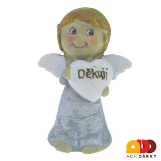 Anděl šedý "Děkuji" se srdíčkem v obou rukou 6,5 cm