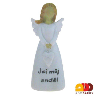 Bílý "Jsi můj anděl" s visícím srdcem 10 cm