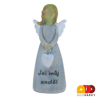 Šedý "Jsi můj anděl" s visícím srdcem 10 cm