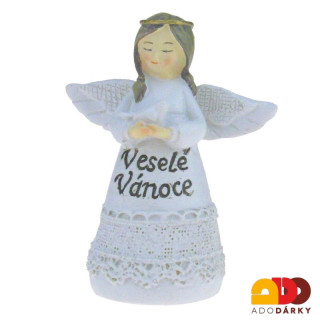 Anděl s rolničkou "Veselé Vánoce" bílý s ptáčkem 10 cm
