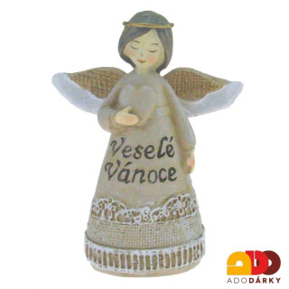 Anděl s rolničkou "Veselé Vánoce" béžový se srdíčkem 10 cm